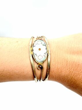 Vintage Mexico Abalone Flower Inlay Cuff Bracelet